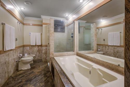 a large bathroom with a tub and a toilet at Slaviero Londrina Flat in Londrina