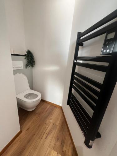 une salle de bains avec toilettes et rampe d'escalier dans l'établissement La Récré, à Mortagne-sur-Sèvre