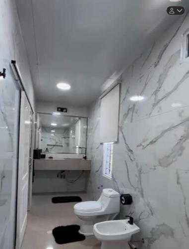 a white bathroom with a toilet and a sink at Finca en Santiago del Estero in La Banda