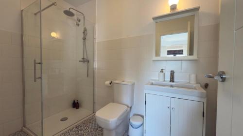 a bathroom with a shower and a toilet and a sink at Casa Rural Monte Regaliz in Suano