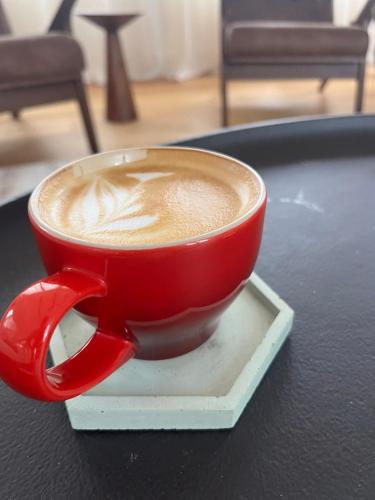 ヘンダーソンビルにあるAlloraのテーブルに座る赤いコーヒー