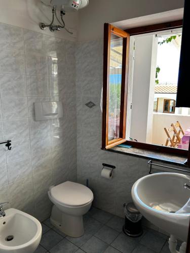 a bathroom with a toilet and a sink and a mirror at Da Elisa in Chiessi
