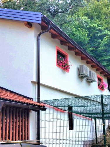 a white house with two windows with flowers on it at Domačija Bubec in Ilirska Bistrica
