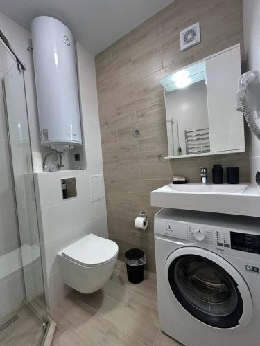 a bathroom with a toilet and a washing machine at Apartment Polyana Green Park in Polyana
