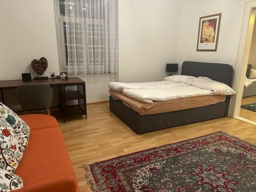 a bedroom with a bed and a desk and a rug at Goetheanum Casa in Dornach