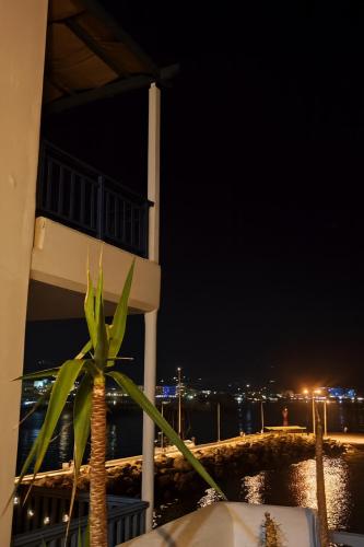 a palm tree in front of a building at night at Sea view in Karpathos Town