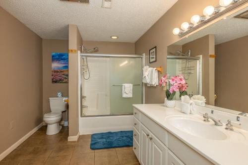 a bathroom with a shower and a sink and a toilet at Buena Vista Getaway by American Patriot Getaways in McCookville