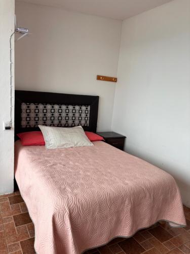 een slaapkamer met een bed met een roze deken bij Hotel la barranca 5 in Zacatlán