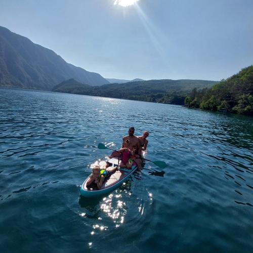 a man and two dogs in a canoe on a lake at Dušanov Zaliv - Perućac in Skelani