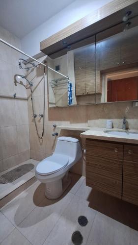 ein Badezimmer mit Toilette, Waschbecken und Dusche in der Unterkunft Hermoso Apartamento vacacional in Porlamar