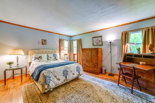 a bedroom with a bed and a desk and a piano at Serene Home with On-Site Brook in Callicoon Center in Callicoon Center