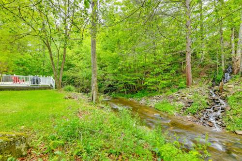 a stream in the woods with a bench next to a river at Serene Home with On-Site Brook in Callicoon Center in Callicoon Center