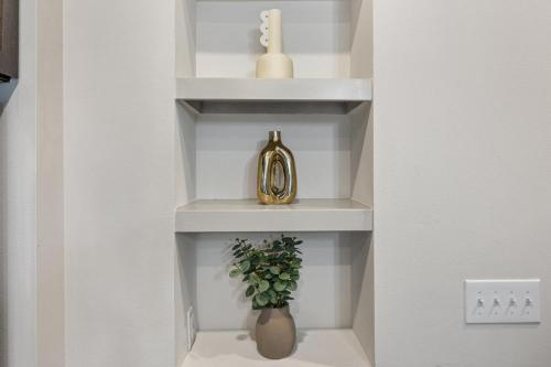 a shelf with a bottle and a plant in a room at Chill & Tone 1BR Frisco King & Sofa, Gym & Pool in Frisco