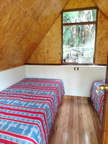 a bedroom with a bed and a window in a attic at Lucmabamba Cottage in Sahuayacu