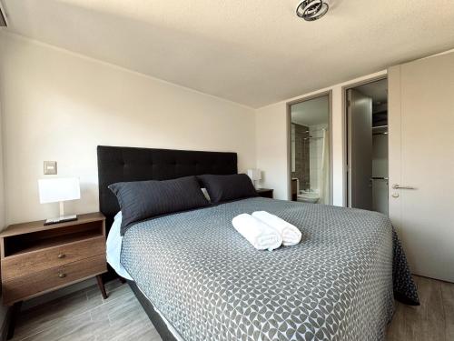 Un dormitorio con una cama con dos almohadas encima. en Parque Ohiggins I Movistar Arena, en Santiago