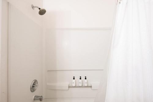 a bathroom with a shower with three bottles on a shelf at Explore Relax Repeat - Riverside Views - Eagle in Eagle