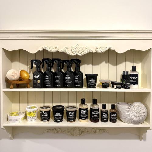 a shelf with a bunch of bottles on it at Quiet Cosy Room with Private Bathroom & LUSH Products in Rainham