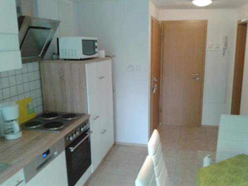 a small kitchen with a stove and a refrigerator at Sarah klein aber fein in Wellesweiler