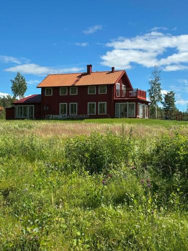 テルベリにあるEco-Built House With Lake Siljan Viewsの草原の大きな赤い家