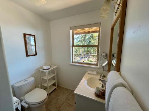 a bathroom with a sink and a toilet and a window at Shangri-La Oceanfront vacation home in Pender Island