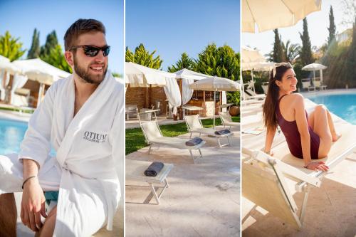 a man and a woman sitting on a chair next to a pool at Ostia Antica Park Hotel & Spa in Ostia Antica