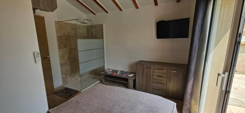 une chambre avec un lit, une douche et une télévision dans l'établissement Bed and kitchen with pool, à Aléria