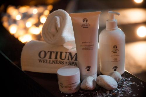 a pile of products sitting on a table at Ostia Antica Park Hotel & Spa in Ostia Antica