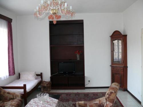a living room with a tv and a chandelier at Pension a restaurace Rudolec in Český Rudolec