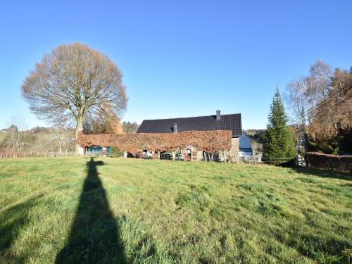 a shadow of a person in a field with a house at Cottage in Kuchelscheid with Terrace in Küchelscheid