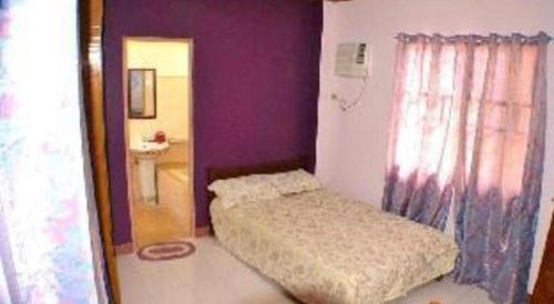a small bedroom with a bed in a purple room at Mayon Backpackers Hostel in Legazpi