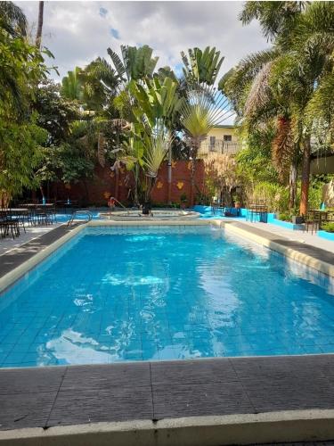 a large swimming pool with blue water and palm trees at The Vjour Hotel in Angeles