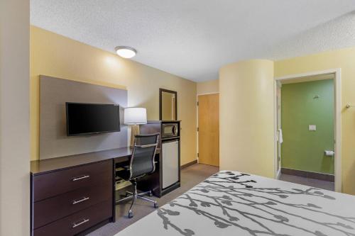 a hotel room with a bed and a desk and a television at Sleep Inn Denver Tech Center in Greenwood Village