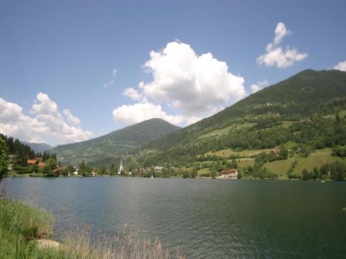 a view of a lake with mountains in the background at Apartment in Feld am See by Brennsee Lake in Feld am See