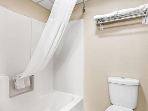 a bathroom with a toilet and a shower curtain at Super 8 by Wyndham Sturtevant Racine in Sturtevant