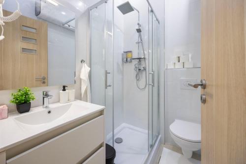 a bathroom with a shower and a sink and a toilet at Central 4BEDROOM Madách Square Apartment in Budapest