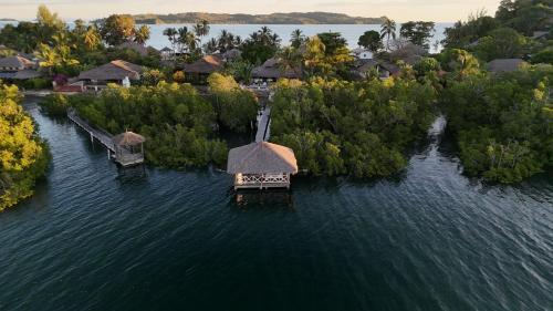 an island in the water with trees and houses at Villa SAHONDRA in Nosy Be