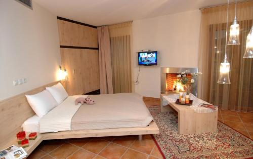 a bedroom with a bed and a tv and a fireplace at Safetis Stories in Díon