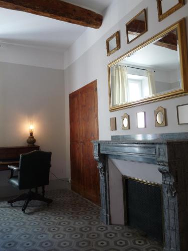 un salon avec une cheminée et un miroir dans l'établissement Chez Lola-Maison d'hôtes Corbières, à Durban-Corbières