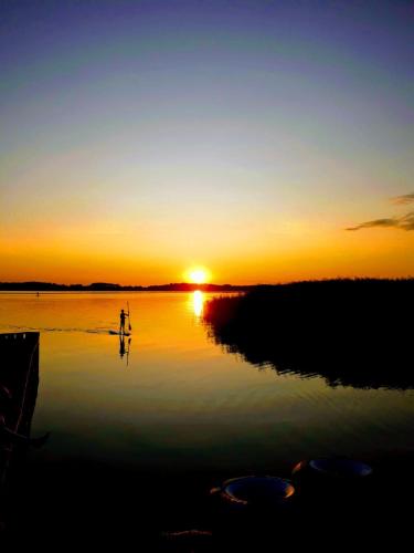 a person standing in the water at sunset at Ferienwohnung Kati in Zinnowitz