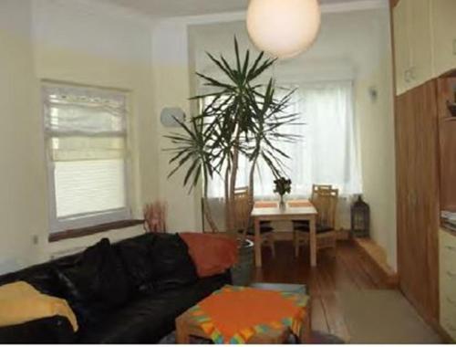 a living room with a couch and a palm tree at Ferienwohnung Regina in Zinnowitz