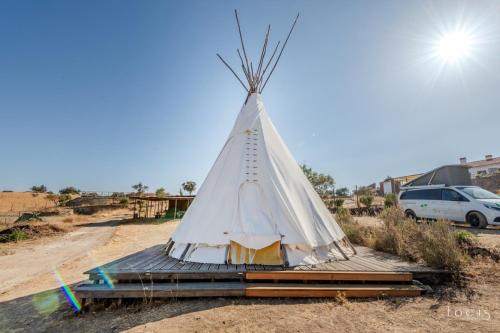 a teepee tent in the middle of a field at Alpaca Farm And B&B - Mama Adama in Grândola