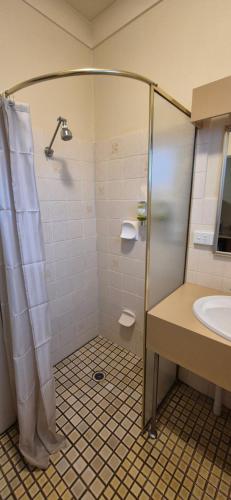 a bathroom with a shower and a sink at The Molong Motor Inn in Molong