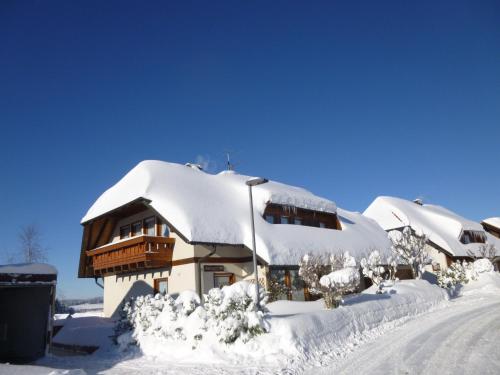 una casa cubierta de nieve con techo en Ferienwohnung, Furtwangen, en Furtwangen