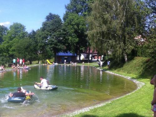 two people are riding in boats in a lake at Ferienhaus in der Nähe der Skipiste in Stadlern
