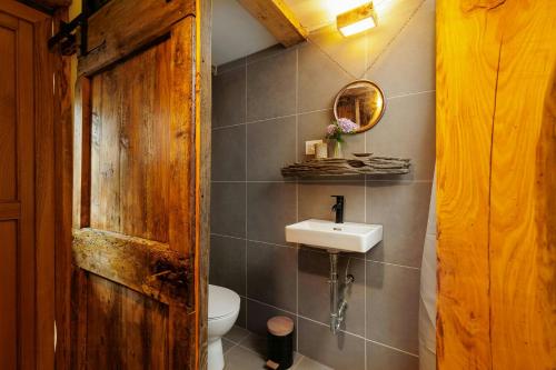 a bathroom with a sink and a toilet and a mirror at Natural Riverside Retreat In Tiglieto in Tiglieto