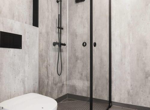 a shower stall with a toilet in a bathroom at Architect-Designed Cabin Panoramic View in Ervik