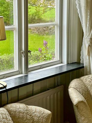 a window with a view of a field of flowers at 18Th Century House With Glass Porch In Småland in Söderåkra