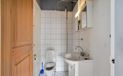 a small bathroom with a sink and a toilet at Family House With Sea View By Lynæs Beach in Hundested
