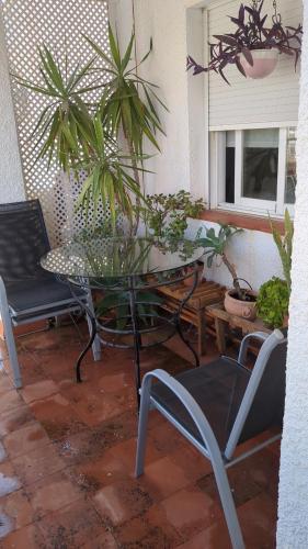 a patio with a glass table and chairs and plants at Ático in Almuñécar