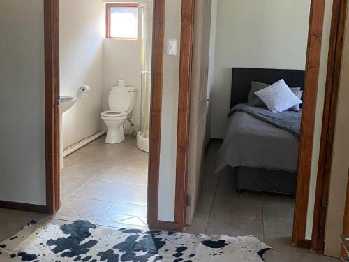 a bedroom with a bed and a bathroom with a toilet at Edge of the Crater in Venterskroon